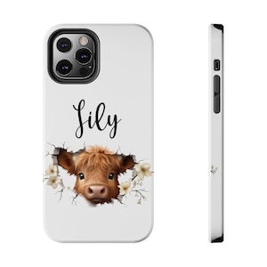 パーソナライズされたハイランド牛の携帯電話ケース、ハイランド牛の iPhone ケース、牛好きへのギフト、iPhone 14 携帯電話ケース、名前入り iPhone ケース、牛プリントケース