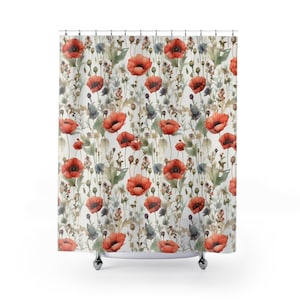 Poppy Shower Curtain, Floral Shower Curtain, Poppy Bathroom Decor, Floral Shower Decor, Housewarming Gift, Gift for Poppy Lover