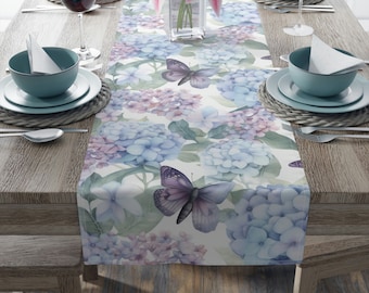Sommarlöpare, hortensia-löpare, hortensia-borddekor, inflyttningspresent, blommig löpare, lila löpare, blå dekor