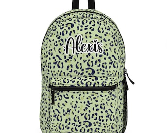 Green Leopard Print Backpack, Personalized Backpack, Girl's Name Bookbag, Leopard Print Bookbag, Girl's Green Backpack, Middle School Bag