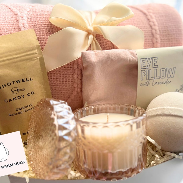Blush vanilla blanket and pamper care package, Spa and chocolate gift box for her,  Pink self care and relaxation gift basket for women
