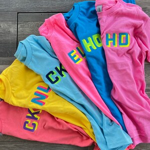 Youth Neon Shadow Block Monogram T-Shirt, Neon Embroidered Monogram Shirt, Modern Monogram, Summer Matching Tee, Back to School Shirt