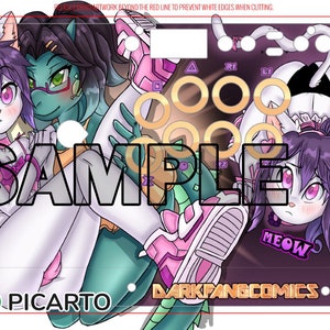 Könnte beinhalten: Ein digitaler Kunstdruck mit zwei Anime-Charakteren, einem grünen und einem weißen, in einem rosa-weißen Farbschema. Der Druck enthält den Text "DARKFANGCOMICS" und "MEOW".