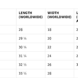 May include: A size guide chart titled Size guide with rows for sizes S through 3XL. Columns display length and width measurements in inches for both worldwide and East Asia regions, providing specific numerical values for each garment size category.