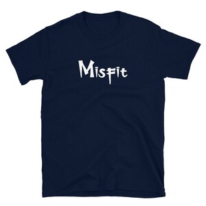 May include: A navy blue t-shirt with the word "Misfit" printed in white on the front.