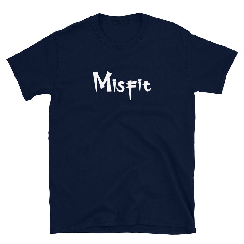 May include: A navy blue t-shirt with the word "Misfit" printed in white on the front.