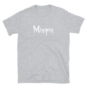 May include: A heather grey short-sleeved t-shirt with the word "Misfit" printed in white on the front.