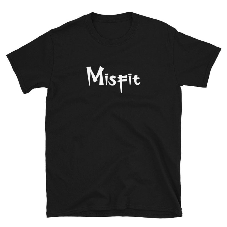 May include: Black short-sleeved t-shirt with the word "Misfit" printed in white on the front.