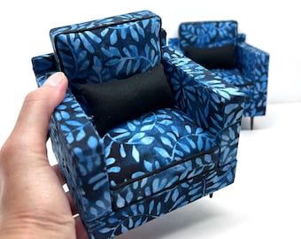 1/6 Scale Handmade Dollhouse Furniture OOAK:   Blue Ferns Batik Set of Chairs