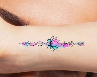 Lotus Arrow Watercolor Temporary Tattoo / infinity tattoo