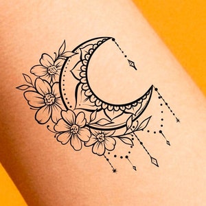 Crescent Moon Floral Mandala Temporary Tattoo