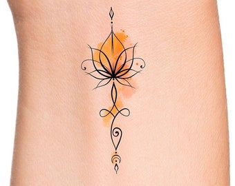 Lotus Watercolor Unalome Temporary Tattoo