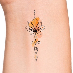 Lotus Watercolor Unalome Temporary Tattoo