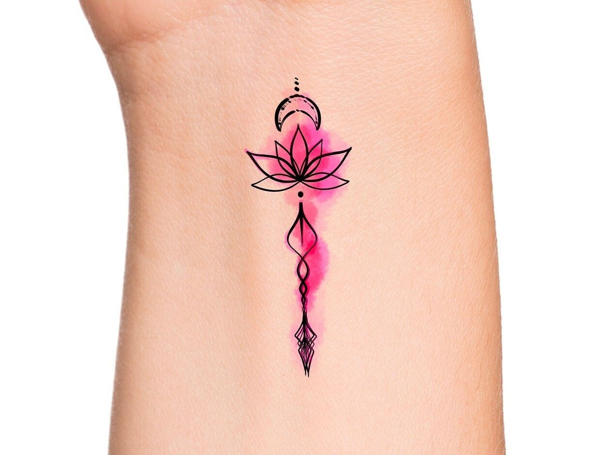 Arrow Lotus Moon Temporary Tattoo / Watercolor Tattoo - Etsy, image size:1250x937