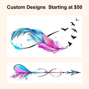 May include: Two watercolor tattoo designs. The first design is a pink and blue feather in the shape of an infinity symbol with birds flying away from it. The second design is a pink and blue feather with an arrow going through it, forming an infinity symbol.