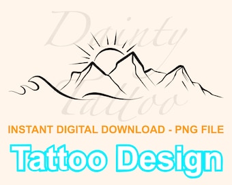 May include: A black and white line art tattoo design of a mountain range with a sun rising behind it. The mountains are stylized and the sun has rays coming from it. There is a wave in the foreground.