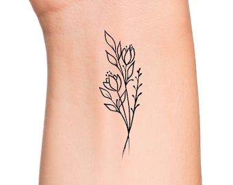 May include: A simple line drawing tattoo design of a bouquet of flowers with three blooms and stems.