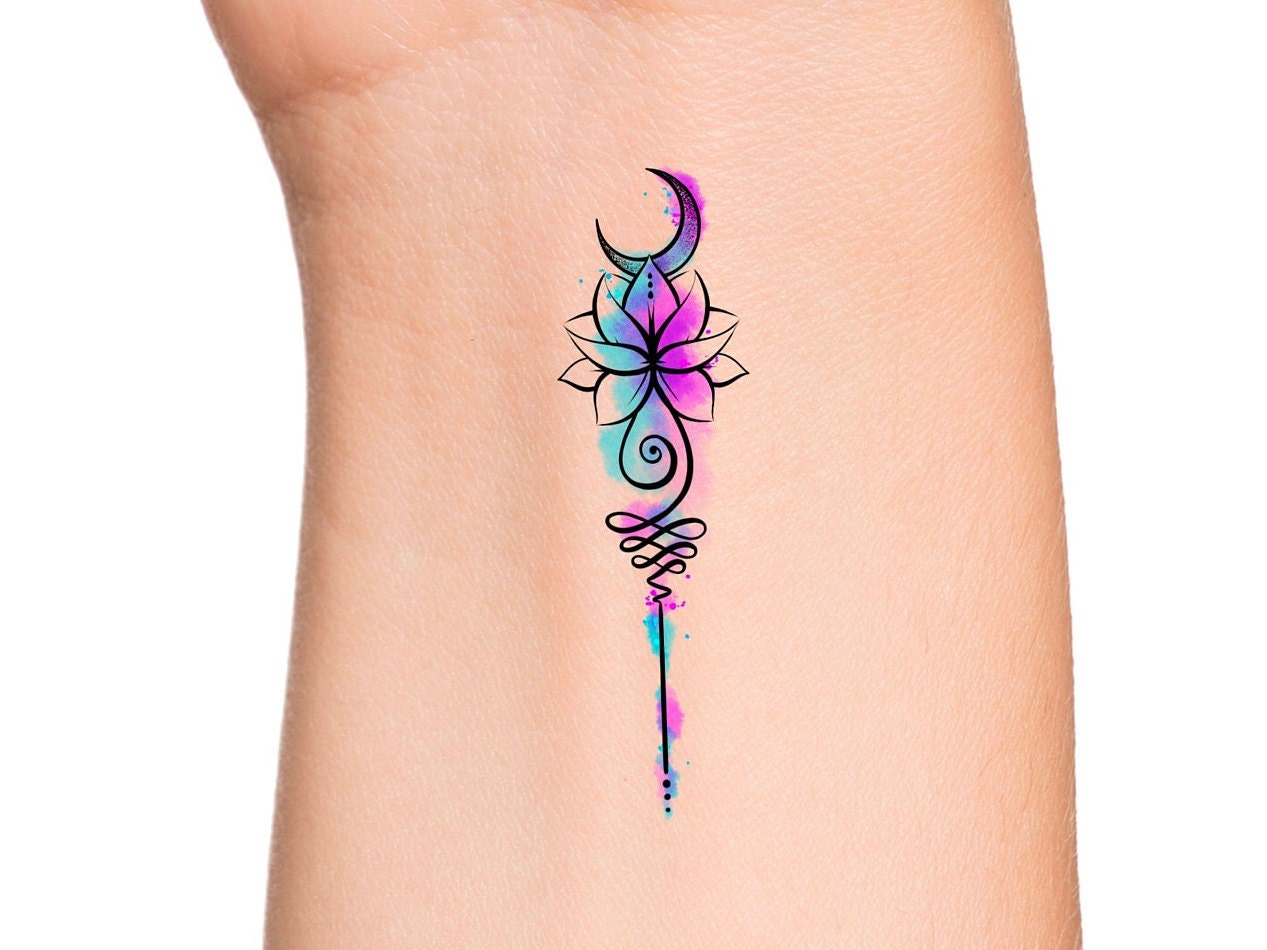 Buy Lotus Moon Unalome Temporary Tattoo  Watercolor Tattoo  Online in  India  Etsy