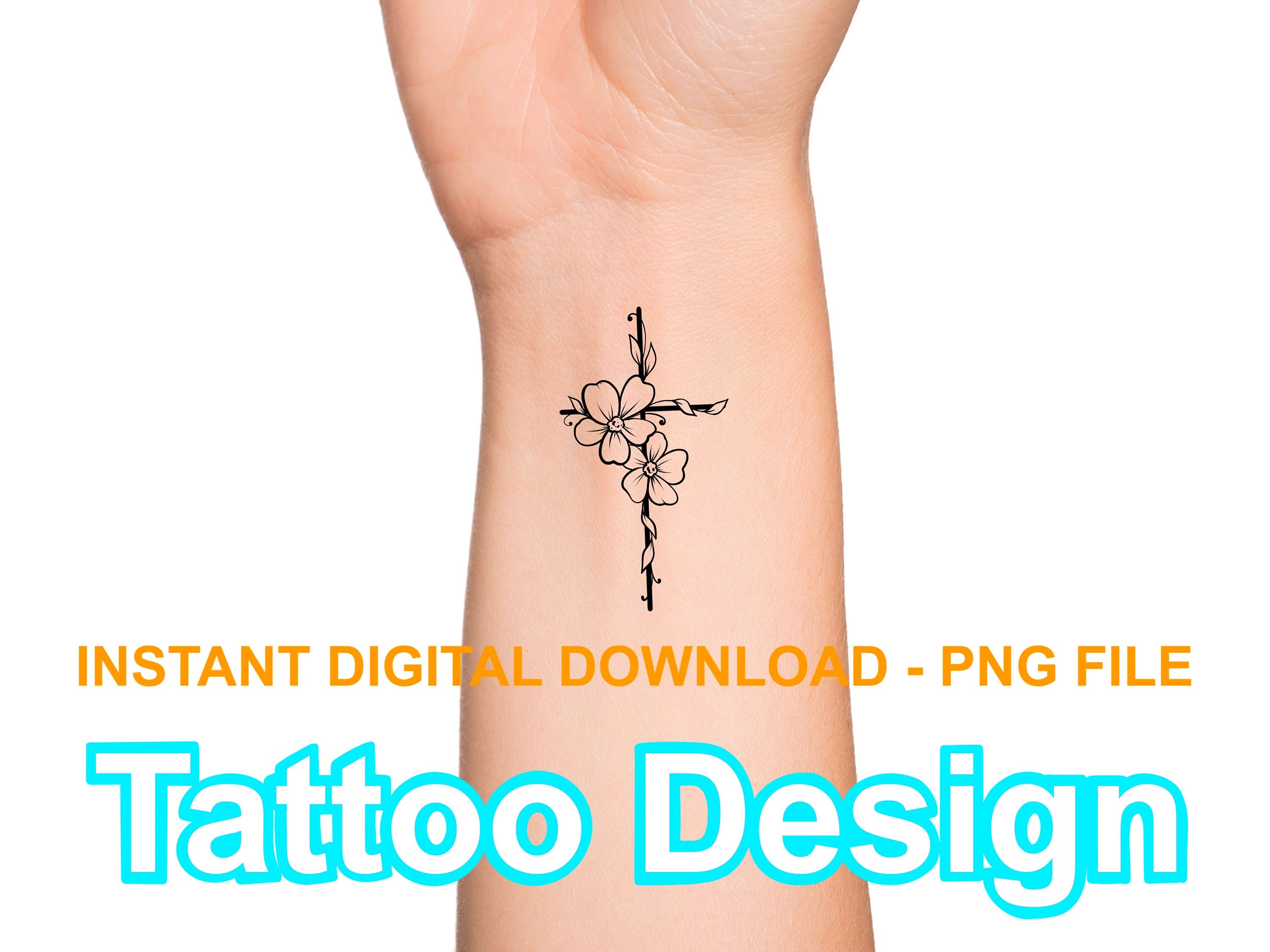Cross Bloemen Tattoo Design Digitale Download PNG - Etsy België, image size:3000x2250