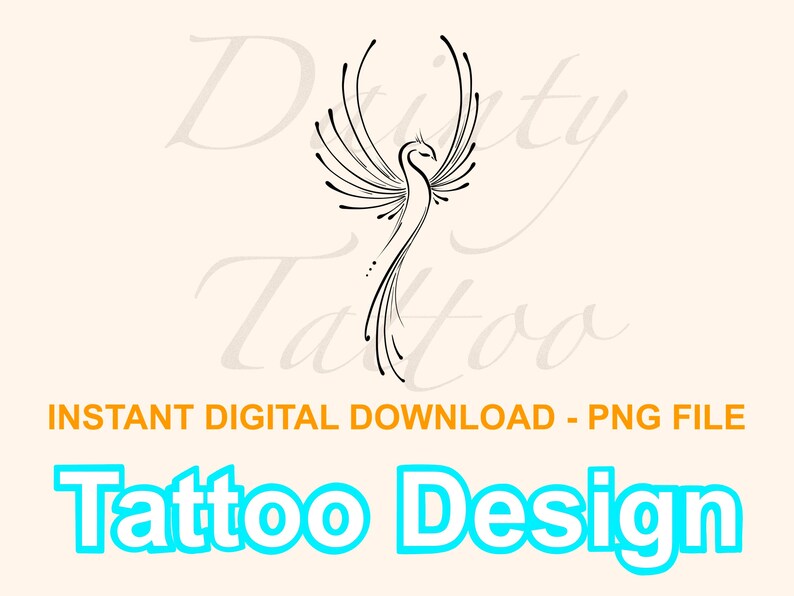 May include: A black and white line art tattoo design of a stylized phoenix bird with its wings spread. The design is on a white background with the text "Tattoo Design" in blue.