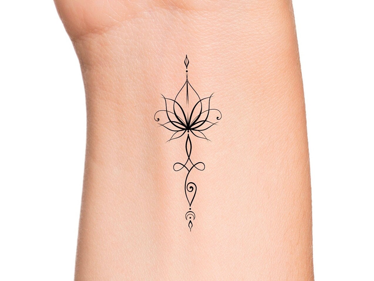 Fine line style unalome temporary tattoo located on the-cheohanoi.vn