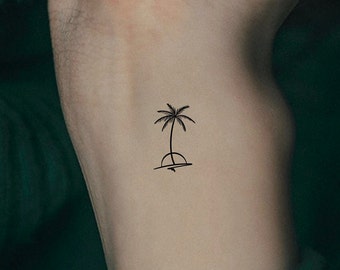 May include: A simple black line drawing of a palm tree with a small sun behind it. The image is on a light beige background.