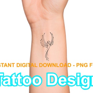 May include: A black and white line art tattoo design of a phoenix on a person's wrist. The design is simple and elegant, and would make a great tattoo for anyone who loves birds or mythical creatures.