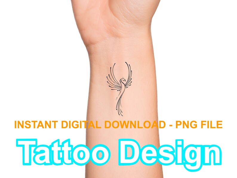 May include: A black and white line art tattoo design of a phoenix on a person's wrist. The design is simple and elegant, and would make a great tattoo for anyone who loves birds or mythical creatures.