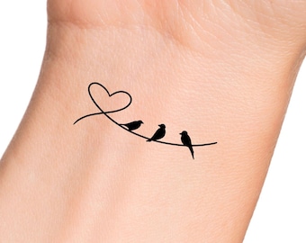 3 Black Heart Birds Temporary Tattoo - Choose Your Number of Birds Tattoo