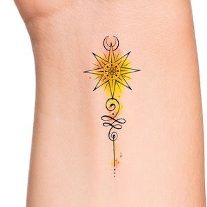 Unalome Sun Moon Temporary Tattoo / Watercolor Tattoo