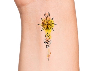 Unalome Sun Moon Temporary Tattoo / Watercolor Tattoo