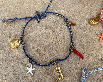 Bracelet charms breloque cordon tressé doré gris bleu  breloque étoile de mer cœur Santiag coquillages acier inoxydable