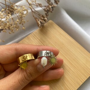 Adjustable charm ring sun medallion freshwater pearls silver gold handmade stainless steel image 5