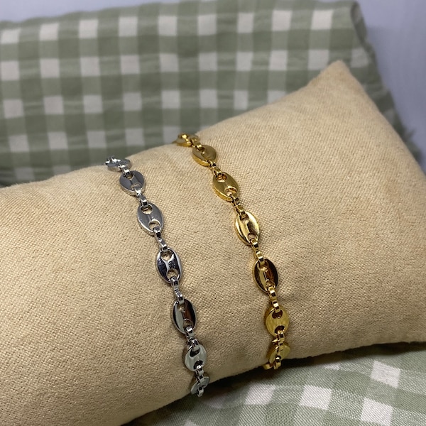 bracelet chaine grain de café acier inoxydable fait main couleur personnalisable argenté doré ajustable