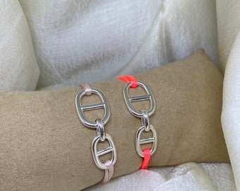bracelet cordon satin tressé liberty ajustable breloque double maille marine T2 et T3 plaqué argent 10 microns bijoux