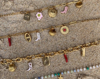PERSONNALISABLE bracelet charms breloque acier inoxydable doré au choix étoile cœur strass piment chaîne trombone épaisse ajustable perles