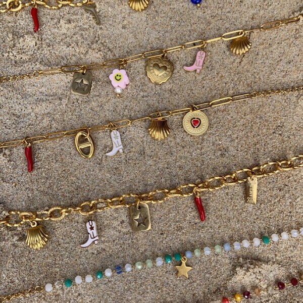 PERSONNALISABLE bracelet charms breloque acier inoxydable doré au choix étoile cœur strass piment chaîne trombone épaisse ajustable perles