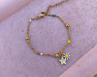 Initial bracelet charm charms chain bead ball colorful stainless steel star flower customizable