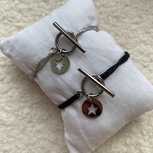 Adjustable customizable lurex cord bracelet with sequins, trendy silver OT toogle, star tassel charm