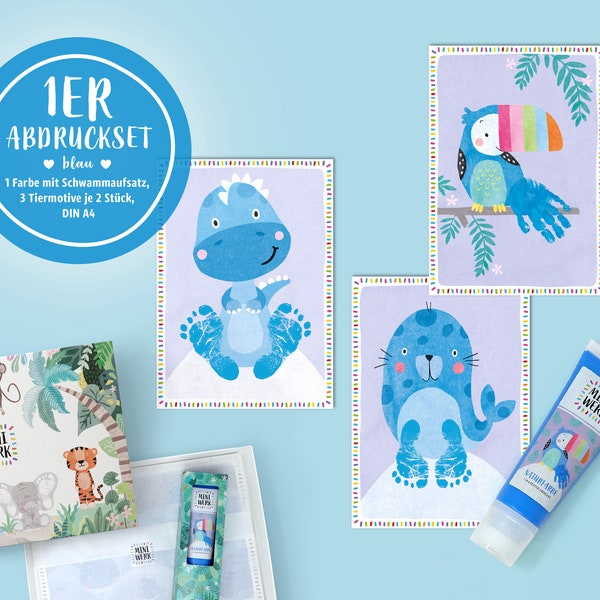 Baby Fußabdruck und Handabdruck Set blau - Motivkarten Tiere - Geschenk personalisiert zur Geburt Taufe - Babyzimmer Wanddeko Junge