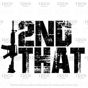 Op de afbeelding: Zwart-wit distressed grafisch ontwerp met een geweer en de tekst "2ND THAT".