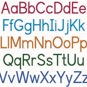May include: An alphabet chart with uppercase and lowercase letters in different colors. The letters A, B, C, D, and E are in maroon. The letters F, G, H, I, J, and K are in blue. The letters L, M, N, O, and P are in orange. The letters Q, R, S, T, and U are in green. The letters V, W, X, Y, and Z are in blue.