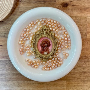 May include: A white ceramic dish with a gold ornate frame containing a portrait of a brown dog. The dish is filled with small, light pink pearl-like beads.