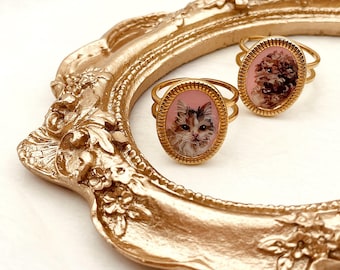 Hand Painted Pet Portrait Ring, Custom Oval Adjustable Ring, Personalized Dog Cat Portrait Jewelry, Memorial Gift for Pet Lovers