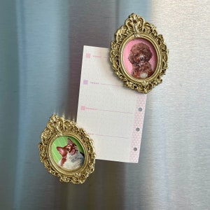 May include: Two gold-toned ornate picture frames with glass fronts, each featuring a different animal. The left frame shows a cat with green, white, and orange fur. The right frame shows a brown dog with a pink background.