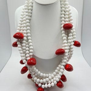 Multi-Strand Red and White Glass Beaded Strawberry Necklace