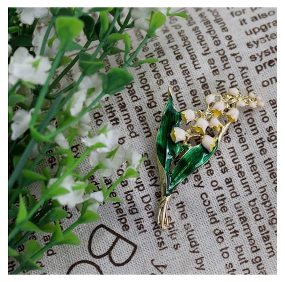 Lily of the Valley Brooch Pin White Pearls Green enamel crystals JO 