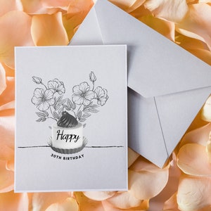 30th Birthday Downloadable Card with Flowers and Cupcake