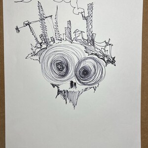 May include: A black and white pen and ink drawing of a skull with large, spiraling eyes and a cityscape above. The artwork is signed "Batvagan" and dated 2024. The style is reminiscent of a cartoon or comic book.