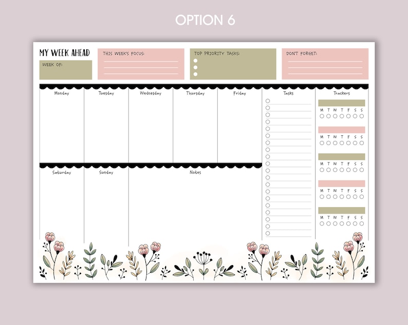 Weekly Planner A4 Deskpad Tear-Off Floral Note Pad option 6